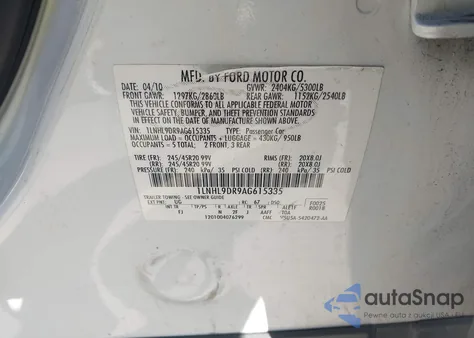 2010 Lincoln Mks z USA, uszkodzony, nr VIN 1LNHL9DR9AG615335